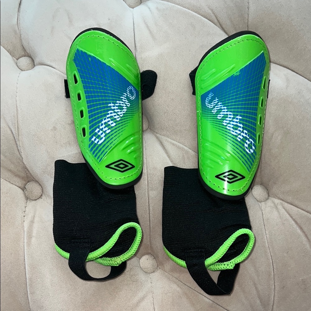 Umbro Neon Green and Sky Blue Shin Guards